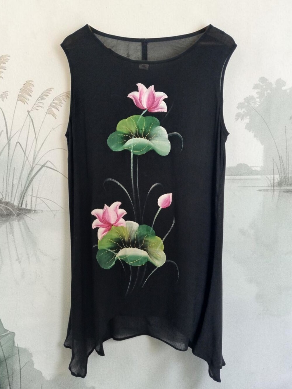 100% Silk Midi Beach Dress Black Sleeveless w/ Artisinal Hand Painted Pink Lotus
